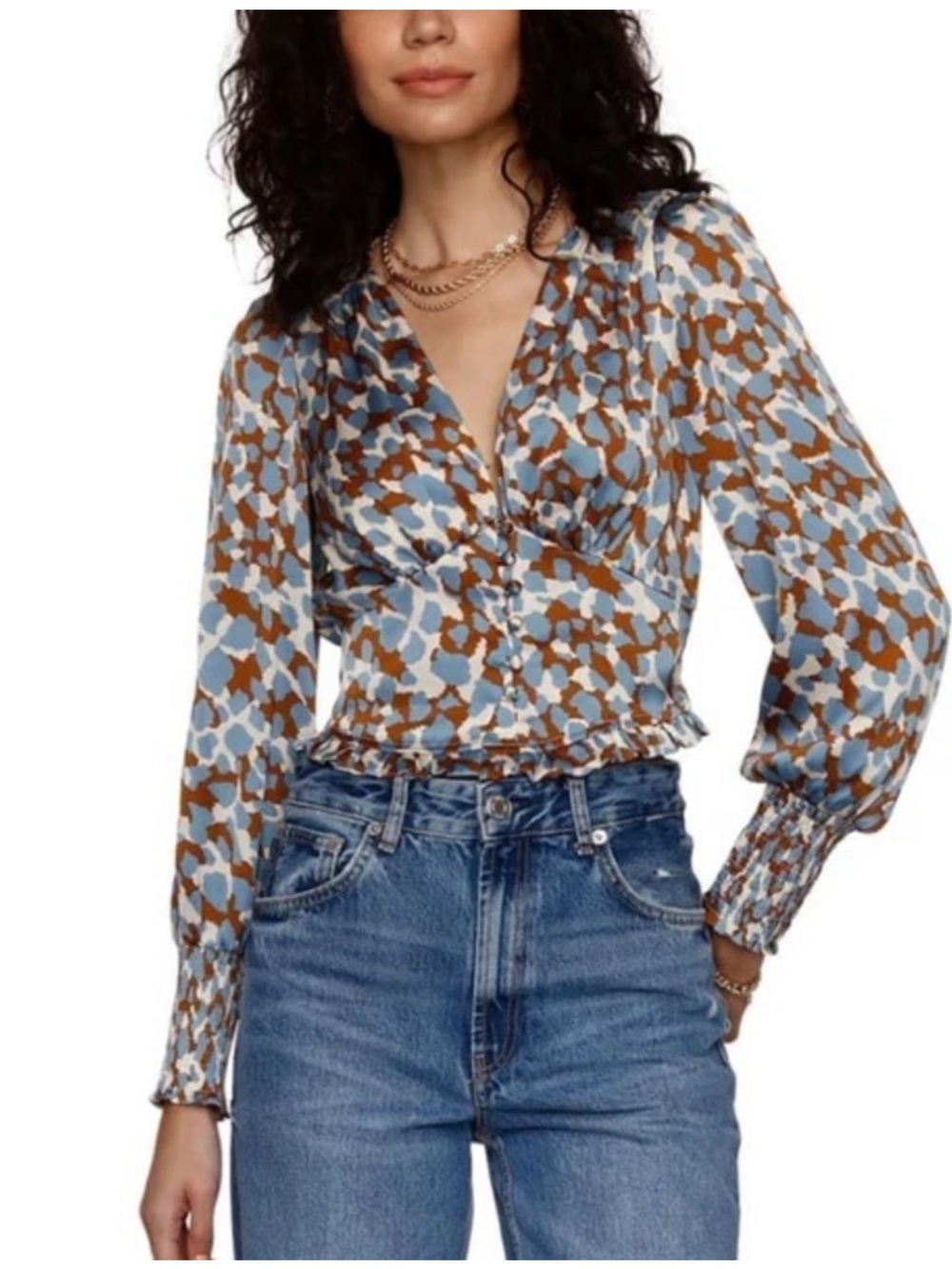 Heartloom Women’s Blue & Brown Printed Button-Front Puff Sleeve Top